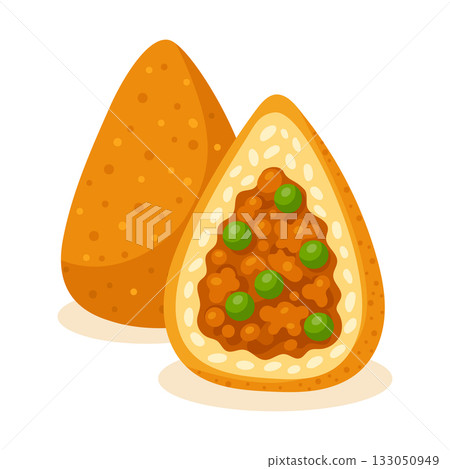 Crispy Sicilian arancini cut open to reveal tasty rice, peas, and meat sauce in vector flat design Crispy Sicilian arancini cut open to reveal tasty rice, peas, and meat sauce in vector flat design 133050949
