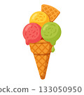 Colorful ice cream cone with three scoops and waffle texture in bright vector illustration 133050950