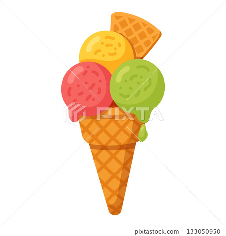 Colorful ice cream cone with three scoops and waffle texture in bright vector illustration Colorful ice cream cone with three scoops and waffle texture in bright vector illustration 133050950