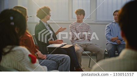 Teacher and Students Engage in Group Therapy inspired Discussion About Emotions and Stress Teacher and Students Engage in Group Therapy inspired Discussion About Emotions and Stress 133051557