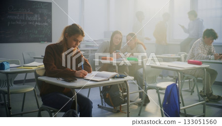 Worried Female Student Sits Quietly Apart From Group of Cheerful Classmates Using Phones and Talking 133051560