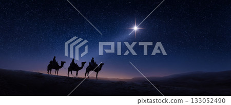 Silhouettes of the Three Wise Men traveling through the desert at night, guided by the bright Christmas Star a symbolic scene from the Nativity story in Christian tradition. High quality illustration 133052490