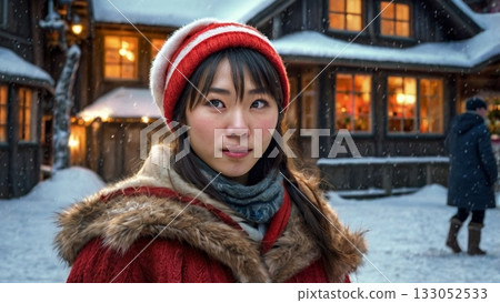 A fantastical winter scene in Scandinavia, featuring Santas just before Christmas 133052533