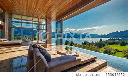 A luxurious lakeside mansion filled with light, offering a dreamlike panoramic view 133052652