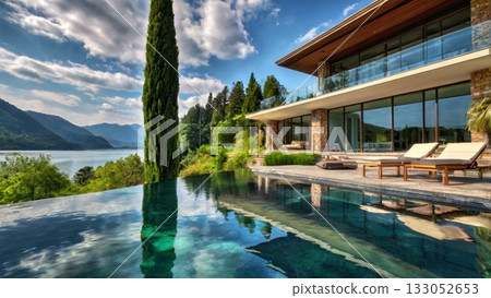 A luxurious lakeside mansion filled with light, offering a dreamlike panoramic view 133052653