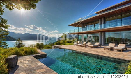 A luxurious lakeside mansion filled with light, offering a dreamlike panoramic view 133052654