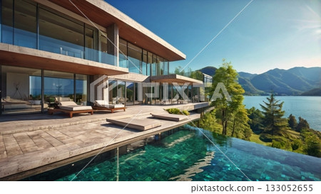 A luxurious lakeside mansion filled with light, offering a dreamlike panoramic view A luxurious lakeside mansion filled with light, offering a dreamlike panoramic view 133052655