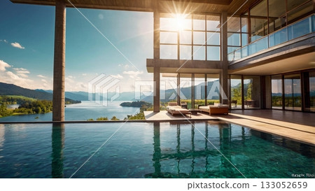一棟採光極佳的豪華湖畔別墅，可欣賞如夢似幻的全景。 133052659