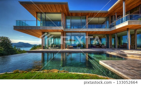 A luxurious lakeside mansion filled with light, offering a dreamlike panoramic view 133052664