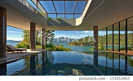 A luxurious lakeside mansion filled with light, offering a dreamlike panoramic view 133052665