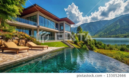 A luxurious lakeside mansion filled with light, offering a dreamlike panoramic view 133052666