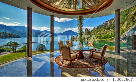 一棟採光極佳的豪華湖畔別墅，可欣賞如夢似幻的全景。 133052667