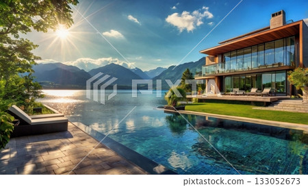 一棟採光極佳的豪華湖畔別墅，可欣賞如夢似幻的全景。 133052673