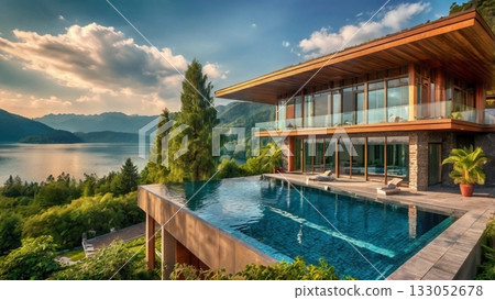 一棟採光極佳的豪華湖畔別墅，可欣賞如夢似幻的全景。 133052678