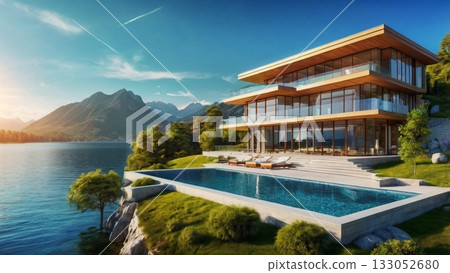 一棟採光極佳的豪華湖畔別墅，可欣賞如夢似幻的全景。 133052680
