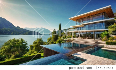 一棟採光極佳的豪華湖畔別墅，可欣賞如夢似幻的全景。 133052683