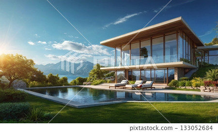 一棟採光極佳的豪華湖畔別墅，可欣賞如夢似幻的全景。 133052684