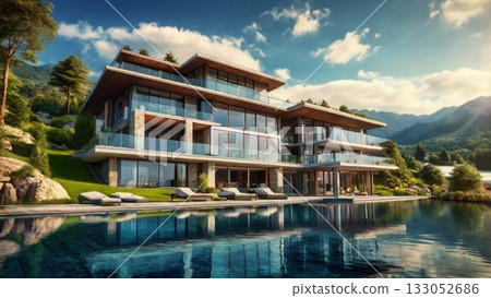 一棟採光極佳的豪華湖畔別墅，可欣賞如夢似幻的全景。 133052686