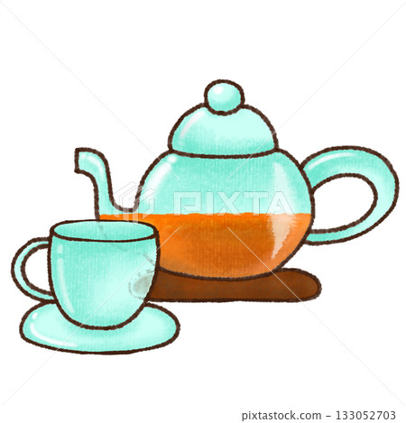 水彩手繪玻璃茶壺和茶杯插圖 133052703