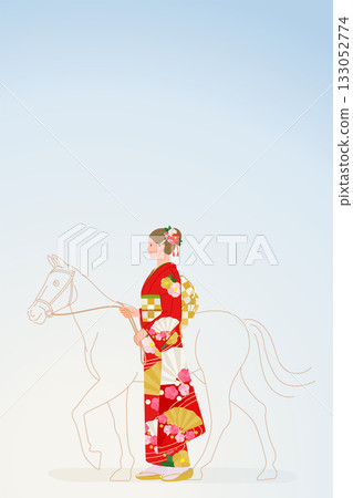 一位身穿紅色振袖衫的女子拉著一匹馬（元旦，新年，美極了） 133052774