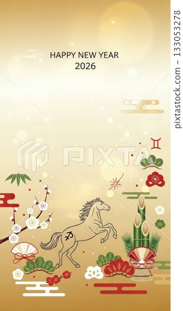 Year of the Horse 2026 New Year's card background for smartphones, with decorations of kadomatsu and plum blossoms on a platinum background 133053278