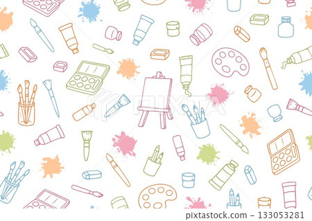 Seamless pattern with an easel, paints, and various brushes. Vector illustration for art studios, design, wrapping paper, and textiles. Vector illustration. 133053281