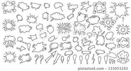 A huge set of dialog boxes, various hand-drawn options. A collection of speech bubbles for dialogue, doodle-style design on a white background. Vector. 133053283