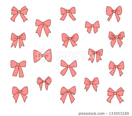 A set of bright bows on a white background, gift ribbons. A fashionable hair braiding accessory. Doodle ribbons. Hand-drawn vector. A set of bright bows on a white background, gift ribbons. A fashionable hair braiding accessory. Doodle ribbons. Hand-drawn vector. 133053289