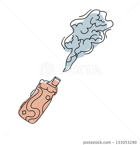 An electronic cigarette in doodle style on a white background. Modern illustration of smoking, vaping, and nicotine. Vector. 133053290