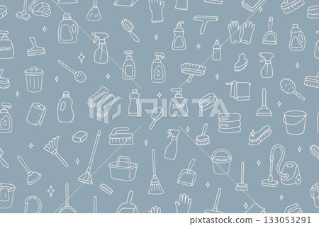 Seamless vector banner with outline cleaning icons on a blue background. Hand-drawn household elements. Vector illustration. Seamless vector banner with outline cleaning icons on a blue background. Hand-drawn household elements. Vector illustration. 133053291