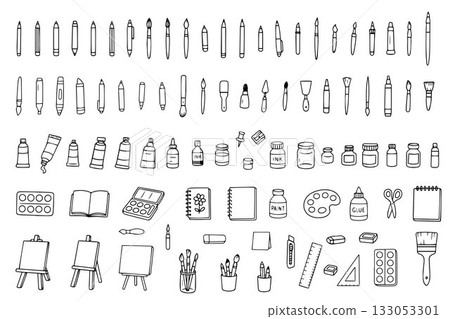 A set of vector doodle-style drawing elements. Art supplies: paint tubes, brushes, pencils, markers, watercolors, gouache, palette, and crayons. Vector illustration A set of vector doodle-style drawing elements. Art supplies: paint tubes, brushes, pencils, markers, watercolors, gouache, palette, and crayons. Vector illustration 133053301
