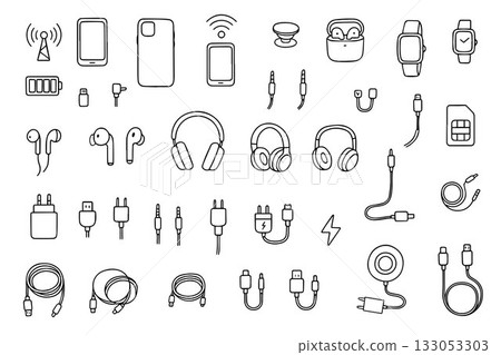 A vector set of doodle-style icons for a line of mobile accessories. Includes icons for chargers, cases, cables, headphones, SIM cards, power banks, Bluetooth headsets, and more. A vector set of doodle-style icons for a line of mobile accessories. Includes icons for chargers, cases, cables, headphones, SIM cards, power banks, Bluetooth headsets, and more. 133053303