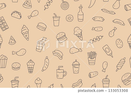 A seamless pattern of icons featuring various food and drink items. Includes burgers, ice cream, tacos, and more, perfect for culinary themes and graphic design projects. National Junk Food Day is A seamless pattern of icons featuring various food and drink items. Includes burgers, ice cream, tacos, and more, perfect for culinary themes and graphic design projects. National Junk Food Day is 133053308