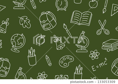 Hand drawn school supplies in doodle style on green background Hand drawn school supplies in doodle style on green background 133053309
