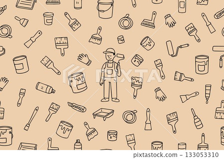 A seamless pattern of painting tool icons, home improvement equipment, rollers, brushes, and masking tape. Doodle-style illustrations of finishing work, painters, and tools. 133053310