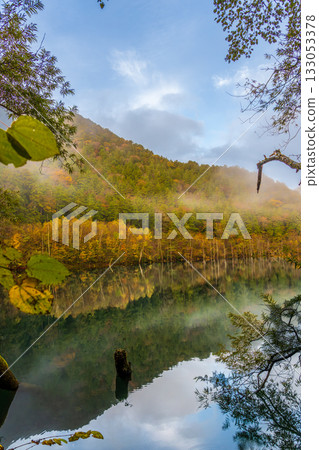 黎明前，秋葉倒映在天然湖面上。 133053378