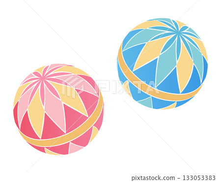 色彩鮮豔的紅藍手鞠球，日式插畫素材 133053383