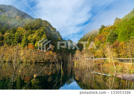 黎明前，秋葉倒映在天然湖面上。 133053386