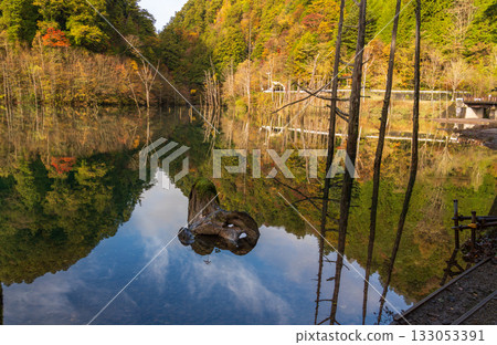 黎明前,秋葉倒映在天然湖面上。 黎明前,秋葉倒映在天然湖面上。 133053391