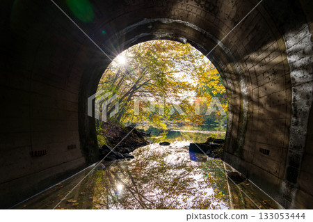 秋葉倒映在天然湖泊中水下隧道的水面上 133053444