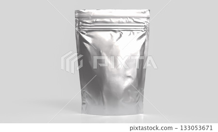 Blank Silver Foil Pouch Packaging on Gray Background 3d render. 133053671