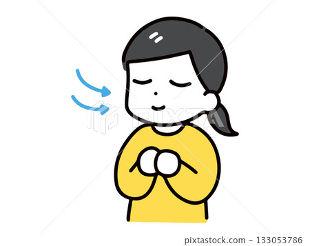 A young woman in casual clothes breathing in through her nose with her eyes closed (upper body) A young woman in casual clothes breathing in through her nose with her eyes closed (upper body) 133053786