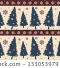 Seamless Christmas pattern with dark blue fir trees, snowflakes, and beige background. Perfect for holiday wrapping paper or textile design Vector illustration 133053979