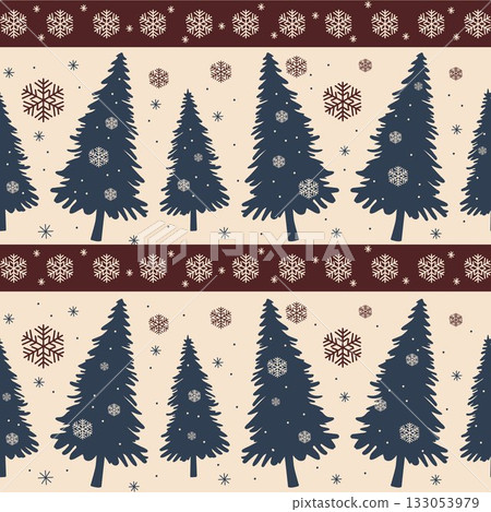 Seamless Christmas pattern with dark blue fir trees, snowflakes, and beige background. Perfect for holiday wrapping paper or textile design Vector illustration Seamless Christmas pattern with dark blue fir trees, snowflakes, and beige background. Perfect for holiday wrapping paper or textile design Vector illustration 133053979