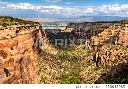 Scenic view of Red Canyon in Colorado National Monument. The deep, sheer-walled canyon is filled with green vegetation. The Grand Valley is visible in the distance Scenic view of Red Canyon in Colorado National Monument. The deep, sheer-walled canyon is filled with green vegetation. The Grand Valley is visible in the distance 133053985