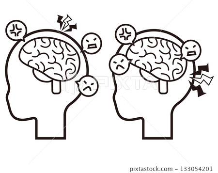 兩幅單色圖標插圖，描繪了一個充滿挫敗感和不滿的大腦。 133054201