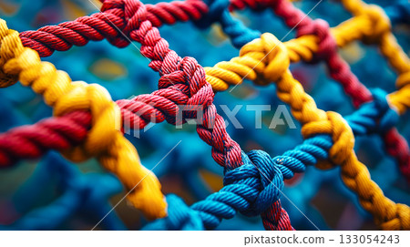 特寫鏡頭：色彩鮮豔的繩索以網格狀圖案捆綁在一起 133054243