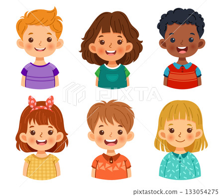 Collection of happy and cheerful children. Cute faces of different nationalities boys and girls. Collection of happy and cheerful children. Cute faces of different nationalities boys and girls. 133054275