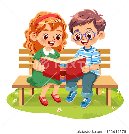 Cute little girl and boy sitting together reading book with interest on a wooden bench in a park with bright green grass Cute little girl and boy sitting together reading book with interest on a wooden bench in a park with bright green grass 133054276
