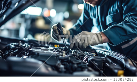 A car mechanic technician repairs a car in an auto repair shop. Generative AI. A car mechanic technician repairs a car in an auto repair shop. Generative AI. 133054292
